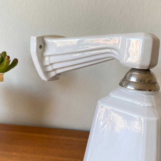 Image 1 of Art Deco ceramic wall sconce with swan neck and opaline glass