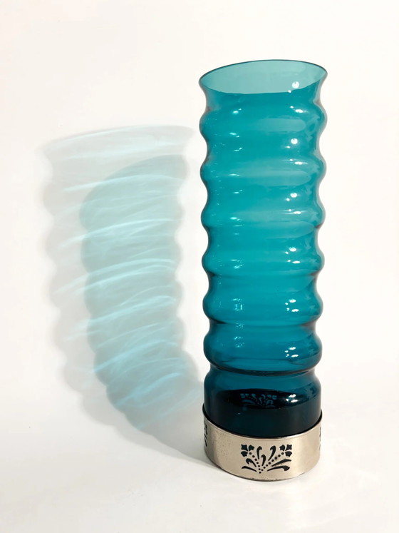 70s Cylindrical Blue Glass and Silver-Plated Metal Vase – Murano Glass (photo 4 of 9)