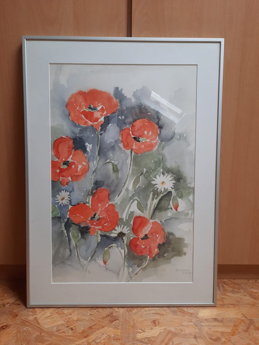 Acquerello con motivo di papaveri