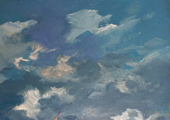 Image 1 of Peinture à l'huile originale, paysage marin d'été. Le soleil derrière les nuages.