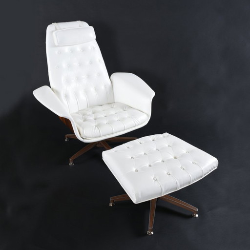 Poltrona girevole e reclinabile con poggiapiedi in stile George Mulhauser, bianca, restaurata