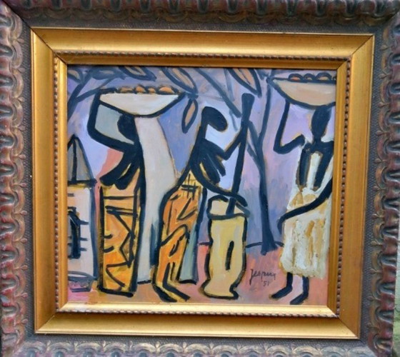 Image 1 of Jespers "" African scene "" olieverf op paneel 54 x 48 met lijst 80 x 74 cm Gesigneerd r.o Jespers en aan de achterkant Jespers 