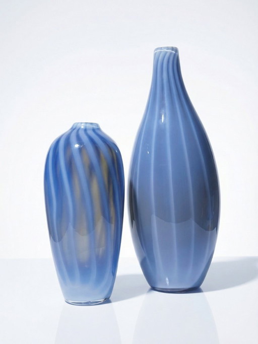 Pair of vintage Murano glass vases in smoked glass lined with opaline glass, soap bubble design