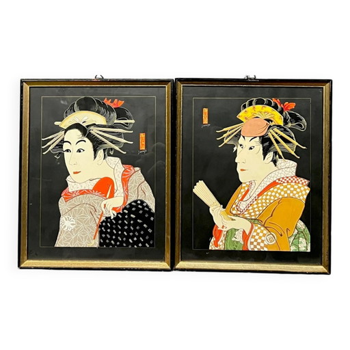 Par de gouaches "Actores del Teatro Kabuki".