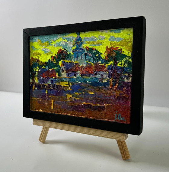 Original Oil Painting Rural Church Landscape The Sun Greets In The Morning – Paintings & Drawings, Canvas (photo 2 of 8)