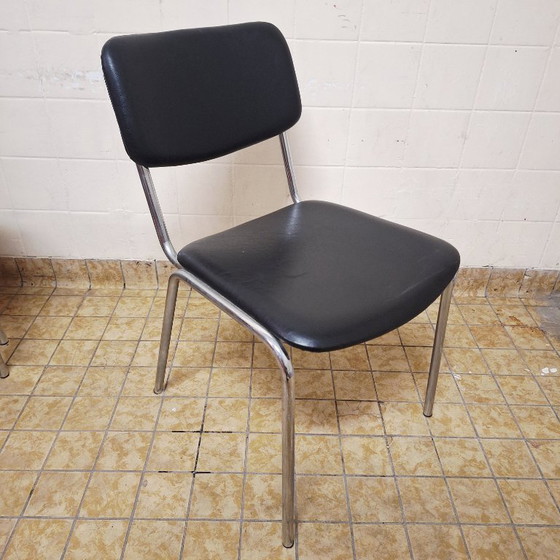 Image 1 of 4 x Vintage / Retro Chairs / Black Leatherette and Chrome