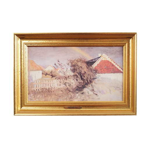 Peinture "L'arc-en-ciel sur le village", design scandinave, années 1960
