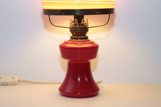 Image 1 of Petroleum lamp, red glass shade, opal glass, GDR 1970s nostalgia