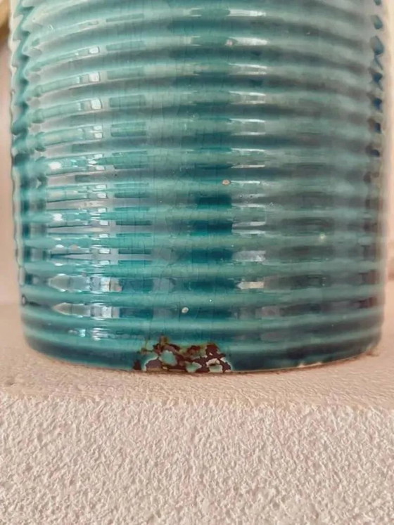 Eendenblauwe geribbelde geglazuurde keramische flesvaas – Mid-Century stijl – Vazen, Porselein, Keramiek (photo 5 of 9)