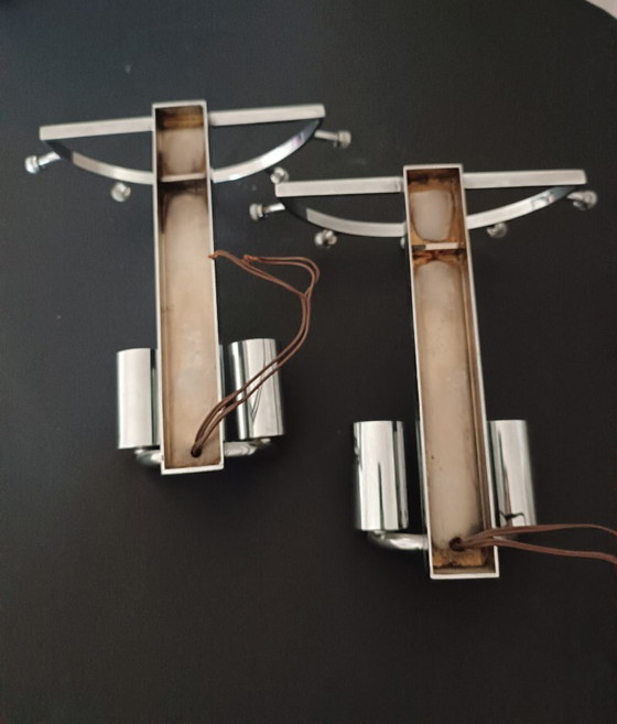 Image 1 of Een paar zeldzame vintage Zero Quattro Art wandlampen (Italië, jaren 70) in Fontana Arte-stijl