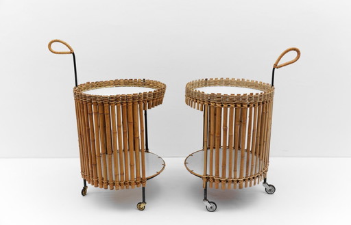Set di 2 carrelli da portata rotondi in bambù, stile Mid-Century Modern, anni '60,