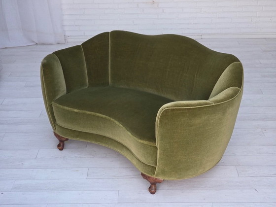 Image 1 of 1960s, Danish Curved 2-Seater Sofa, Green Furniture Velour, Oak Wood Legs