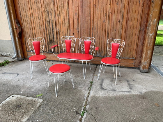 White Metal & Red Leatherette Garden Set, 1968, Set of 4, Mid Century Modern (photo 4 of 9)