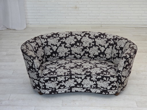 1960s Danish 2-Seater "Banan" Sofa, Black-White Fabric, Beech Wood