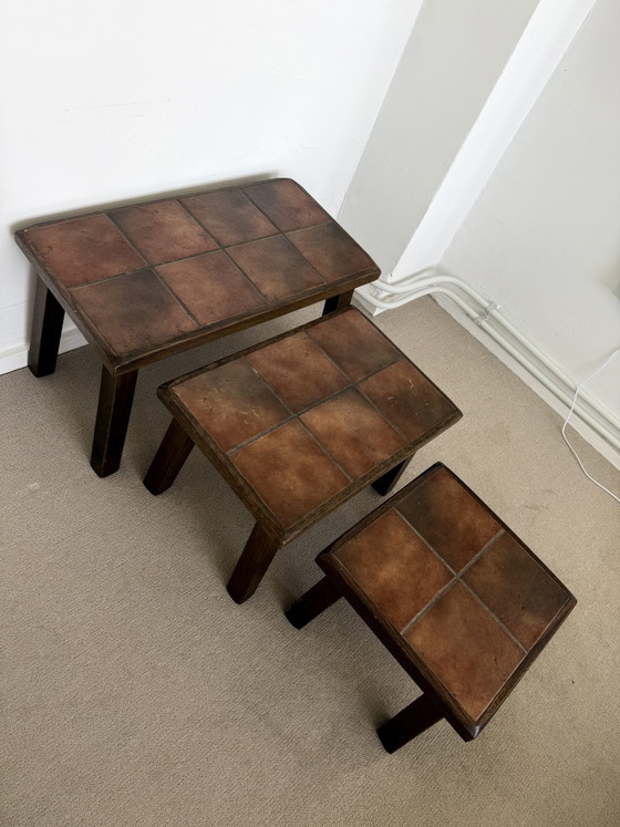 Vintage set of 3 ceramic tile tables – retro design – 1970s – Side tables, Wood, Stone (photo 6 of 8)