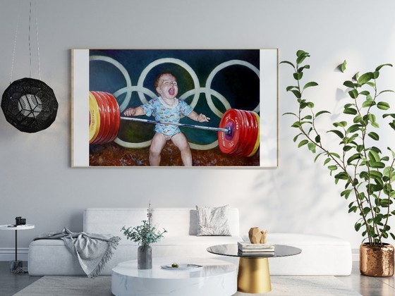 Original Oil Painting Modern Art Symbolism Humor Baby Champion – Paintings & Drawings, Canvas (photo 3 of 5)