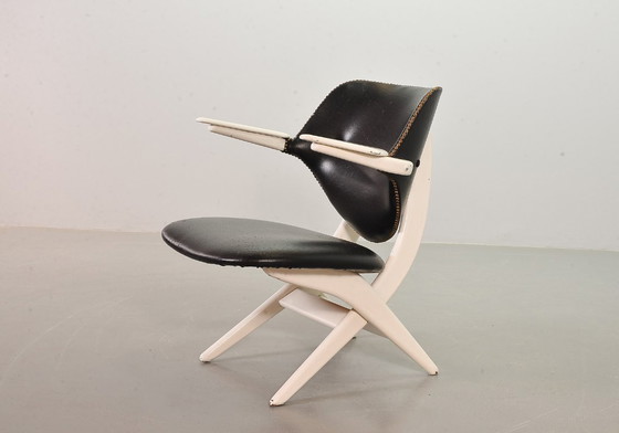 Image 1 of Louis van Teeffelen Dutch Design Pelican Arm Chair for Webe in Solid White Painted Teakwood and Black Leatherette. 