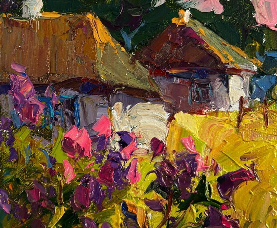 Image 1 of Original Oil Painting Summer Village Landscape The tenderness of dawn