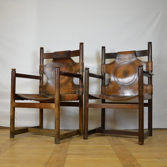 Image 1 of 2x Chaises de salle à manger en cuir vintage 1970