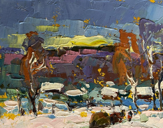 Image 1 of Original Oil Painting Winter Village Landscape Returning home with hay