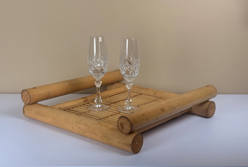 Grand plateau de service vintage en bambou fait main avec poignées et plateau tressé – tafelaccessoires, Bamboo