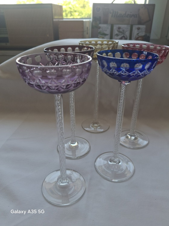 Image 1 of Set di 5 bicchieri da liquore antichi in stile Art Nouveau - Josephinenhütte, circa 1900 - stelo a spirale