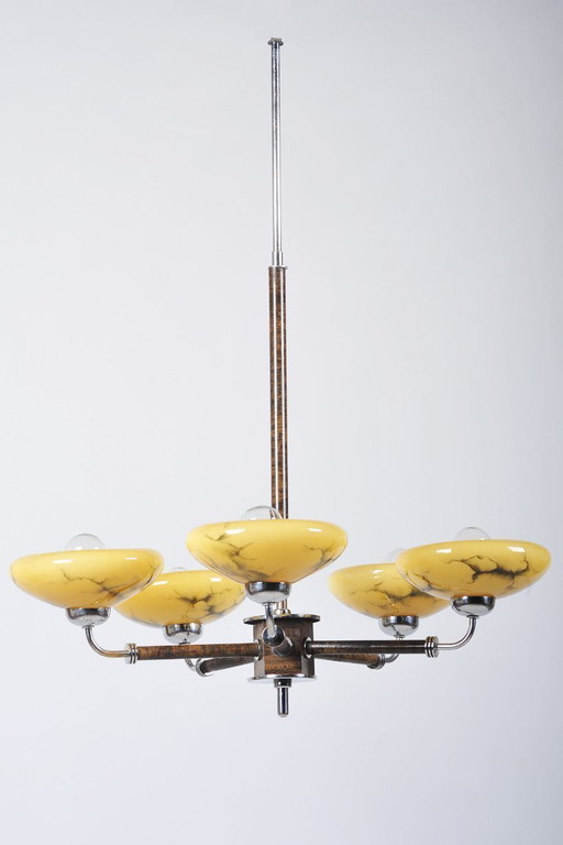 Gerestaureerde art-deco kroonluchter, chroom, beukenhout, walnoothout, glas, Tsjechisch, jaren 1920 – Metal