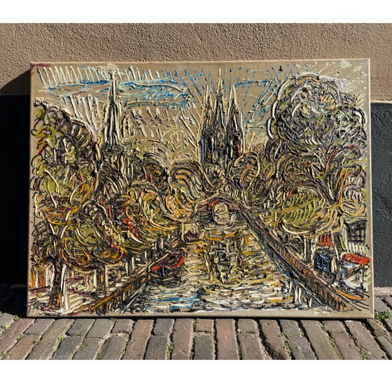 Image 1 of 1961 Dipinto in stile Van Gogh della Oude Kerk vista dal canale Oude Delft