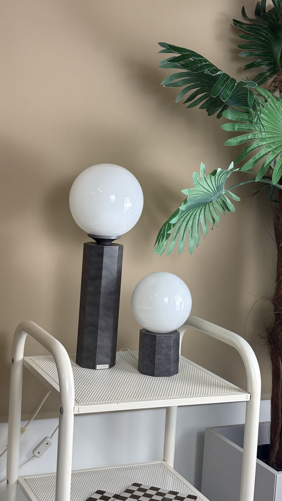 Image 1 of Lot de 2 lampes sur pied vintage Bony Design Space Age, globe en verre gris