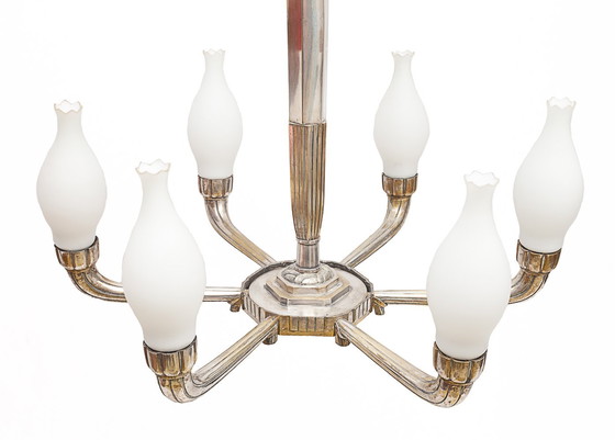 Image 1 of Art Deco Kronleuchter aus versilbertem Messing, 1920