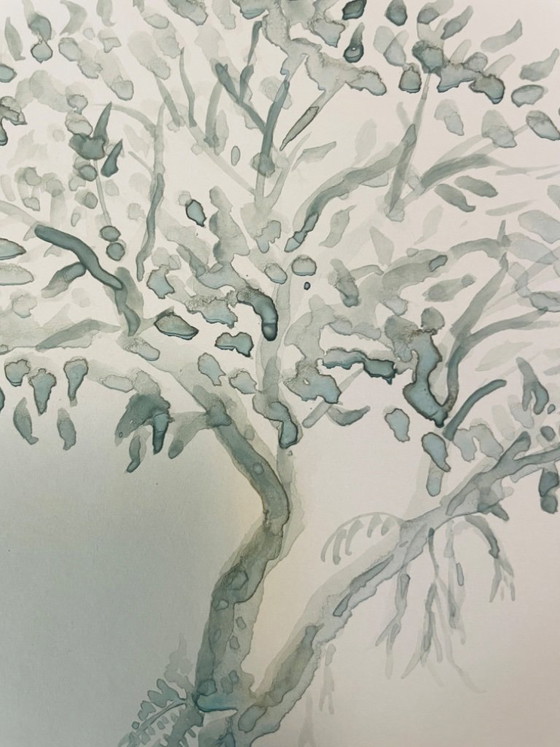 Image 1 of Signed watercolor, monochrome sage green landscape, "solitary tree"