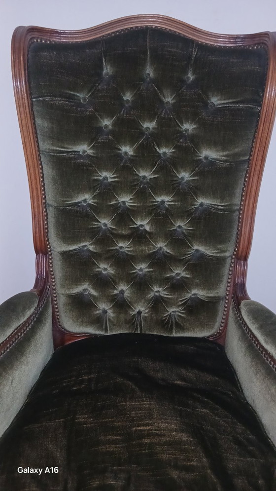 Sillón de trono barroco tapizado de primera calidad – Terciopelo verde oliva – En impecable estado – Sillones (photo 3 of 8)