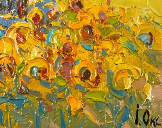 Image 1 of Original Oil Painting Summer Flowers Landscape Lush sunny fields