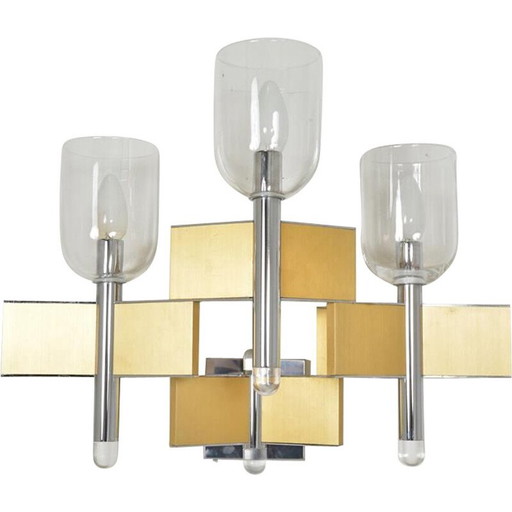 Lámpara de pared vintage de tres luces de metal y cristal de Gaetano Scoiolari, 1970