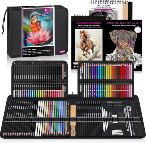 HIFORNY Kit de dessin et d'esquisse de 136 pièces, fournitures artistiques professionnelles avec graphite, fusain, aquarelle, cr