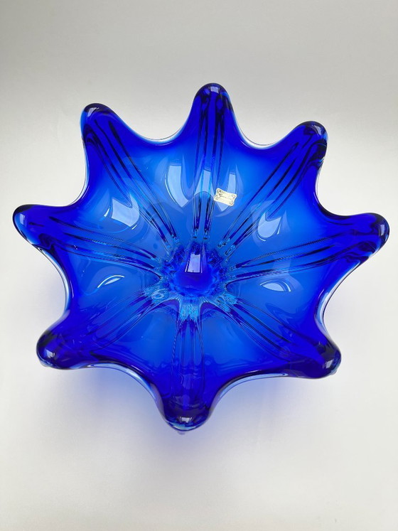 Image 1 of Egermann crystal glass bowl, blue, Bohemian, Czech, pointed bowl, mid-century