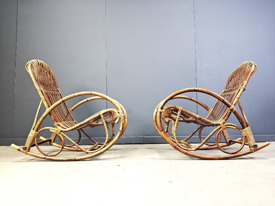 Image 1 of Sedie a dondolo vintage in bambù, anni '60 - set di 2