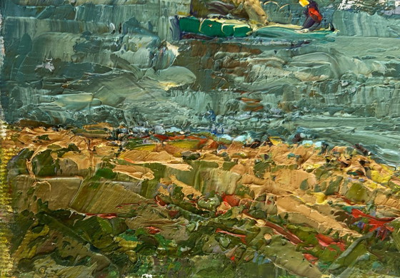 Image 1 of Original Oil Painting Autumn River Landscape Above the evening silence by the river