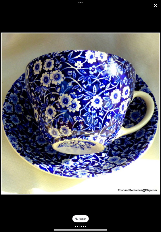 Image 1 of Set mit 8 Tassen und Untertassen + Teekanne Calico Burleigh Kobaltblau