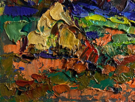 Image 1 of Original Oil Painting Autumn Forest Landscape Outside the village