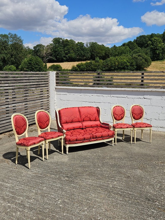 Image 1 of Set van 4 antieke Franse damaststoelen met medaillonmotief - gestoffeerde Louis XVI-stoelen - jaren 1900