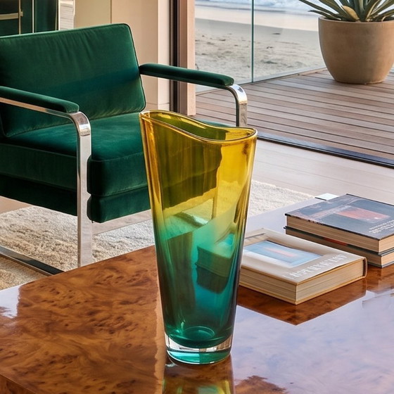 Image 1 of 1970s Ca' dei Vetrai Green & Yellow Murano Glass Vase — Italian Luxury Vintage