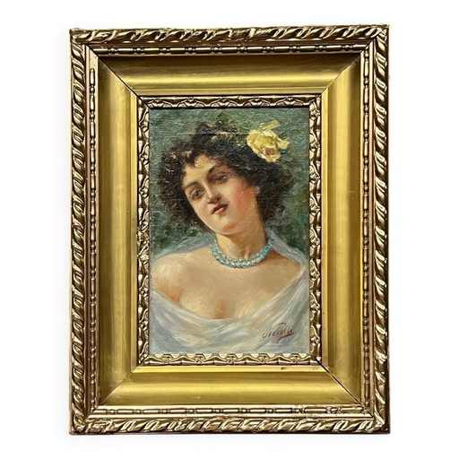 Portrait d'une jeune femme. Signé Nevelli. – schilderijen tekeningen, Canvas