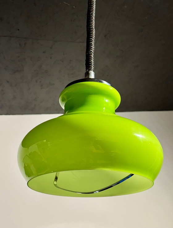 Image 1 of Lampada a sospensione in stile Space Age con paralume in vetro verde, modello Rolly, 1973.