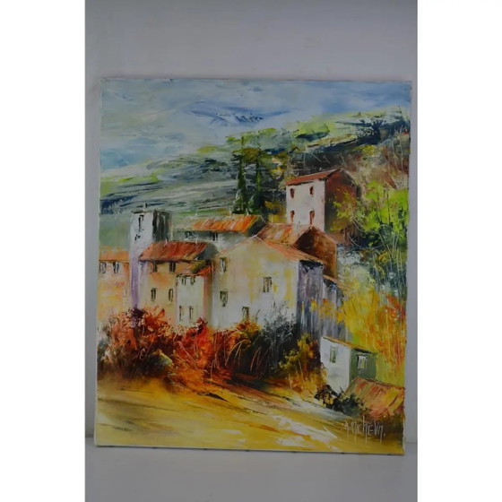 Ölgemälde von Agnes Michelin im impressionistischen Stil, spätes 20. Jahrhundert, "Dorf in Burgund, bei (photo 11 of 11)