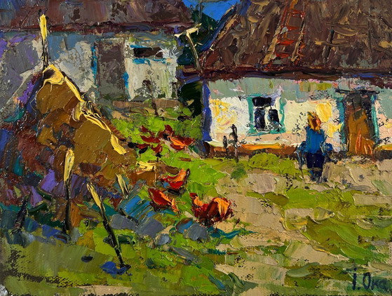 Image 1 of Original Oil Painting Summer Village Landscape Quiet evening courtyard