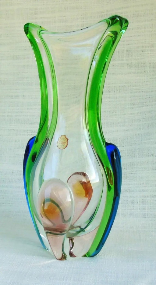 Vintage František Zemek Rhapsody Bohemian Crystal Vase, Czech Sommerso Art Glass, Original Label, Mid-Century Design