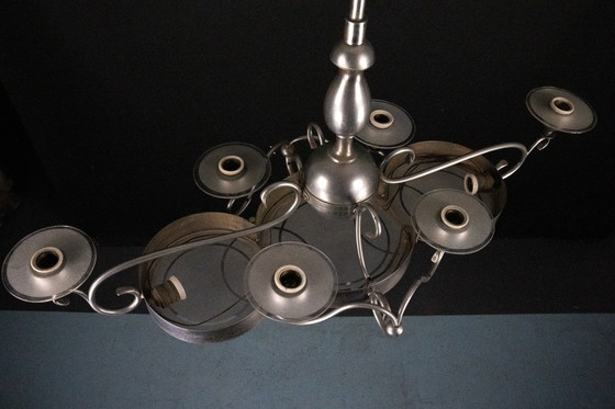 Image 1 of Araña Art Decó italiana de latón niquelado y cristal esmerilado, años 30