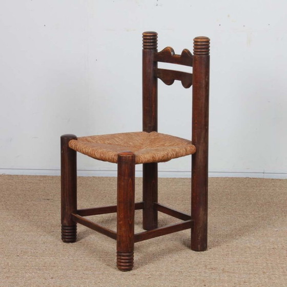 Image 1 of Set of 4 solid wood straw-seated chairs, French craftsmanship, 1950