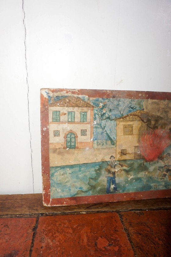 Image 1 of antique ex voto fire rescue painting * early 1800s * oil on wood